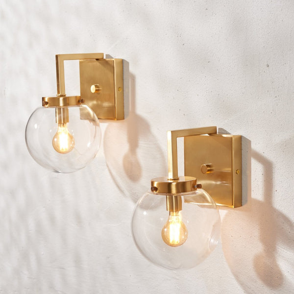Safavieh GANON, Elegant Metal and Glass Wall Sconce Set of 2 for Ambient Lighting in Modern Interiors Brass / Clear SCN4084A-SET2