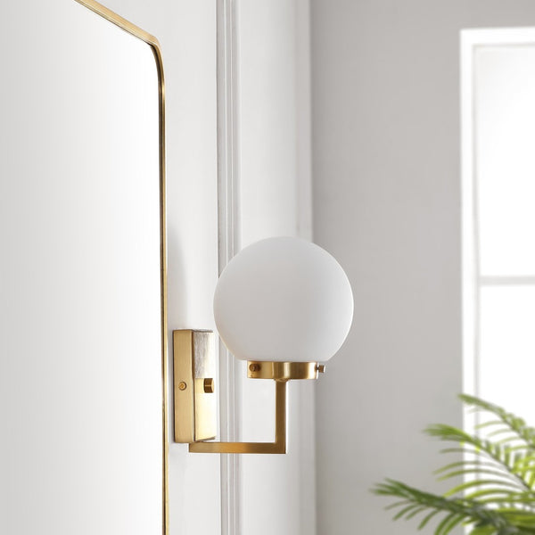 Safavieh GANON, Elegant Metal and Glass Wall Sconce Set of 2 for Ambient Lighting in Modern Interiors Brass / White SCN4084B-SET2
