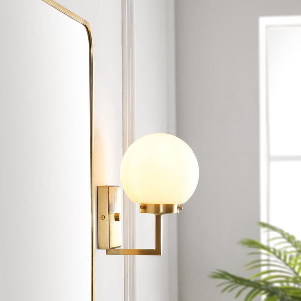 Safavieh GANON, Elegant Metal and Glass Wall Sconce Set of 2 for Ambient Lighting in Modern Interiors Brass / White SCN4084B-SET2