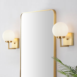 Safavieh GANON, Elegant Metal and Glass Wall Sconce Set of 2 for Ambient Lighting in Modern Interiors Brass / White SCN4084B-SET2