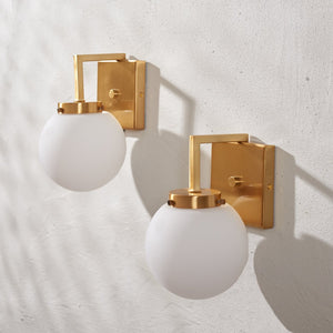 Safavieh GANON, Elegant Metal and Glass Wall Sconce Set of 2 for Ambient Lighting in Modern Interiors Brass / White SCN4084B-SET2