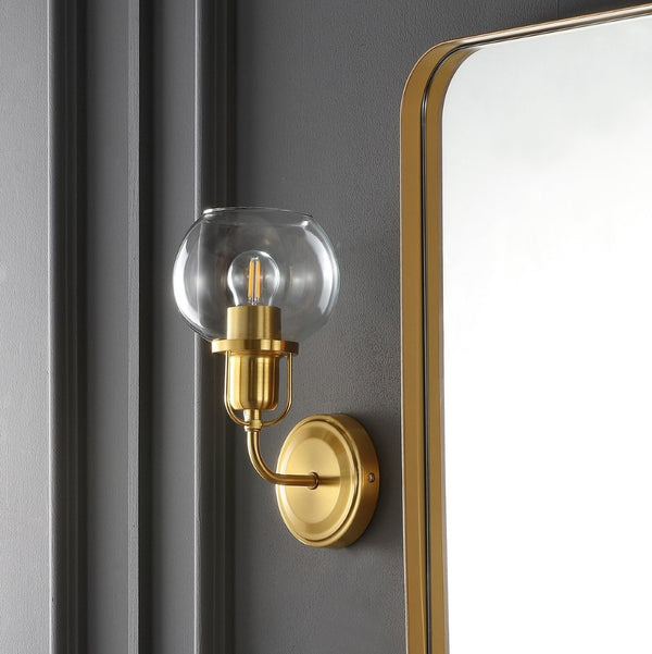 Safavieh HURON, Elegant 6.25-Inch Wall Sconce Set of 2, Timeless Metal and Glass Design for Any Space Brass / Clear SCN4085A-SET2
