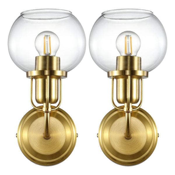 Safavieh HURON, Elegant 6.25-Inch Wall Sconce Set of 2, Timeless Metal and Glass Design for Any Space Brass / Clear SCN4085A-SET2