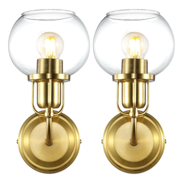 Safavieh HURON, Elegant 6.25-Inch Wall Sconce Set of 2, Timeless Metal and Glass Design for Any Space Brass / Clear SCN4085A-SET2