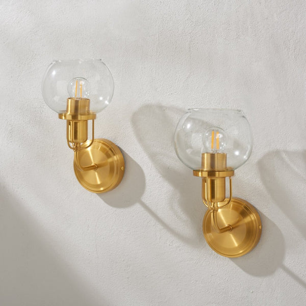 Safavieh HURON, Elegant 6.25-Inch Wall Sconce Set of 2, Timeless Metal and Glass Design for Any Space Brass / Clear SCN4085A-SET2