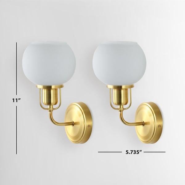Safavieh HURON, Elegant 6.25-Inch Wall Sconce Set of 2, Timeless Metal and Glass Design for Any Space Brass / White SCN4085B-SET2