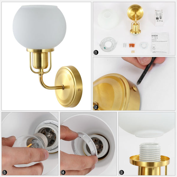 Safavieh HURON, Elegant 6.25-Inch Wall Sconce Set of 2, Timeless Metal and Glass Design for Any Space Brass / White SCN4085B-SET2