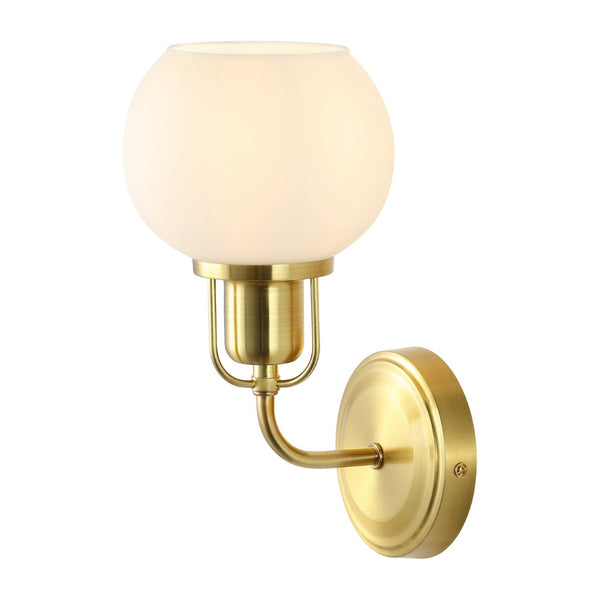 Safavieh HURON, Elegant 6.25-Inch Wall Sconce Set of 2, Timeless Metal and Glass Design for Any Space Brass / White SCN4085B-SET2