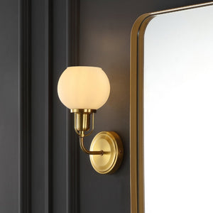Safavieh HURON, Elegant 6.25-Inch Wall Sconce Set of 2, Timeless Metal and Glass Design for Any Space Brass / White SCN4085B-SET2