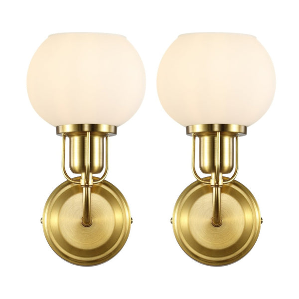 Safavieh HURON, Elegant 6.25-Inch Wall Sconce Set of 2, Timeless Metal and Glass Design for Any Space Brass / White SCN4085B-SET2