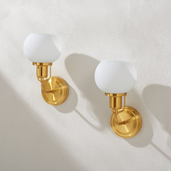 Safavieh HURON, Elegant 6.25-Inch Wall Sconce Set of 2, Timeless Metal and Glass Design for Any Space Brass / White SCN4085B-SET2