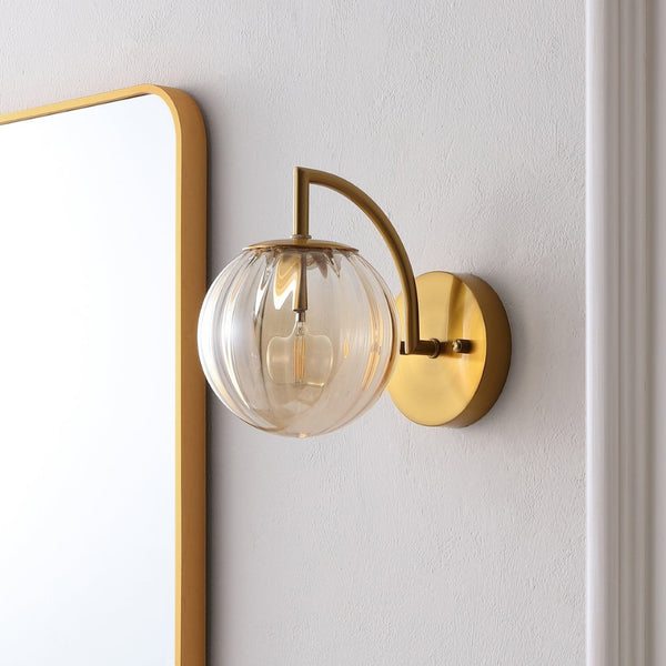 Safavieh PSYLLA, Elegant Glass Wall Sconce Set of 2 for Ambient Lighting in Living Spaces and Hallways Amber / Brass SCN4088A-SET2