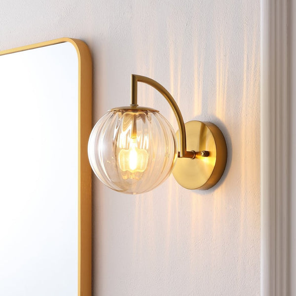 Safavieh PSYLLA, Elegant Glass Wall Sconce Set of 2 for Ambient Lighting in Living Spaces and Hallways Amber / Brass SCN4088A-SET2