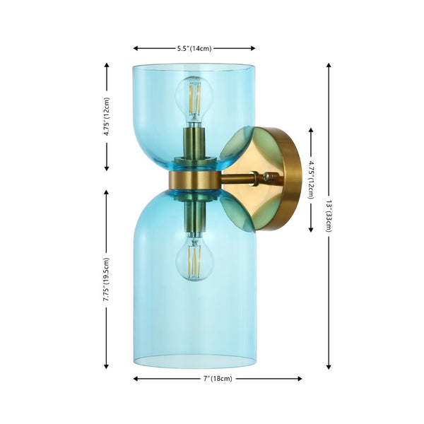 Safavieh Solyn 2Lt 7 Inch Wall Sconce - Set of 2 XII23 Blue / Brass Glass SCN4089A-SET2
