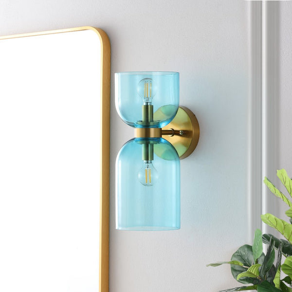 Safavieh Solyn 2Lt 7 Inch Wall Sconce - Set of 2 XII23 Blue / Brass Glass SCN4089A-SET2