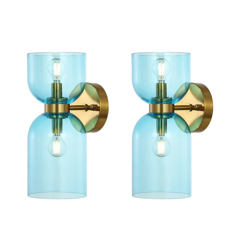 Safavieh SOLYN, Elegant 2-Light Blue/Brass Wall Sconce Set of 2 - Stylish Glass & Metal Fixtures for Any Space SCN4089A-SET2