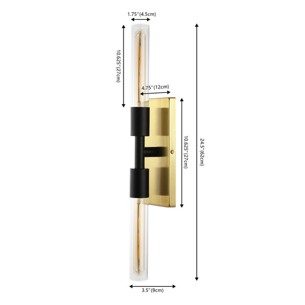 Safavieh Nyx, 2 Light, 24.5 Inch, Brass/Black, Iron/Glass Wall Sconce X23 Brass Gold / Black 4.75" x 3.5" x 24.5"