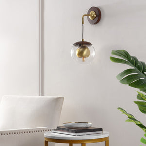 Safavieh POLOMA, Elegant 8-Inch Dark Walnut & Brass Wall Sconce Set of 2 - Timeless Iron & Glass Design SCN4100A-SET2