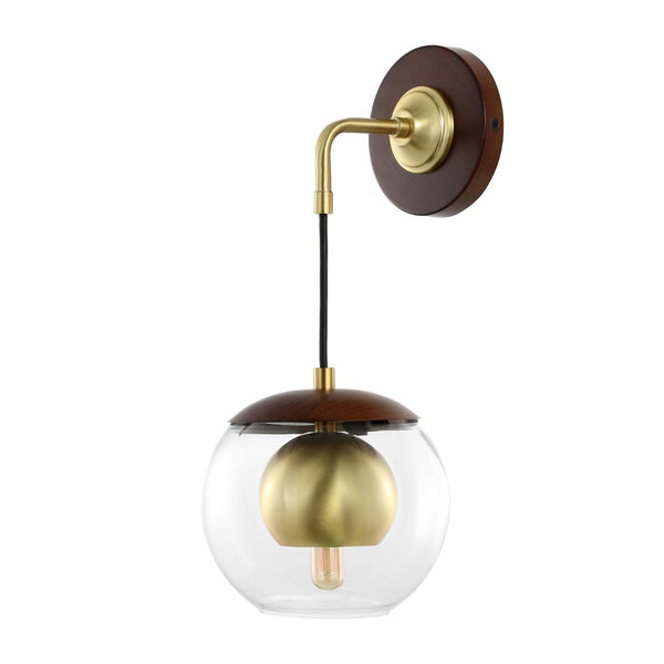 Safavieh POLOMA, Elegant 8-Inch Dark Walnut & Brass Wall Sconce Set of 2 - Timeless Iron & Glass Design SCN4100A-SET2