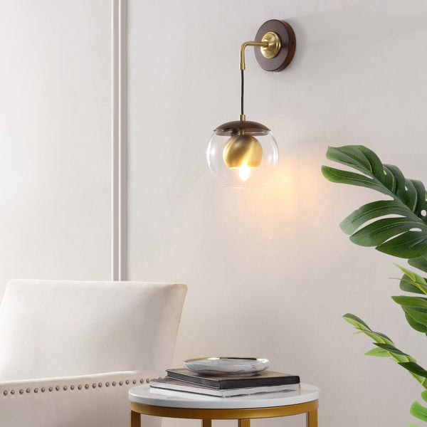 Safavieh POLOMA, Elegant 8-Inch Dark Walnut & Brass Wall Sconce Set of 2 - Timeless Iron & Glass Design SCN4100A-SET2