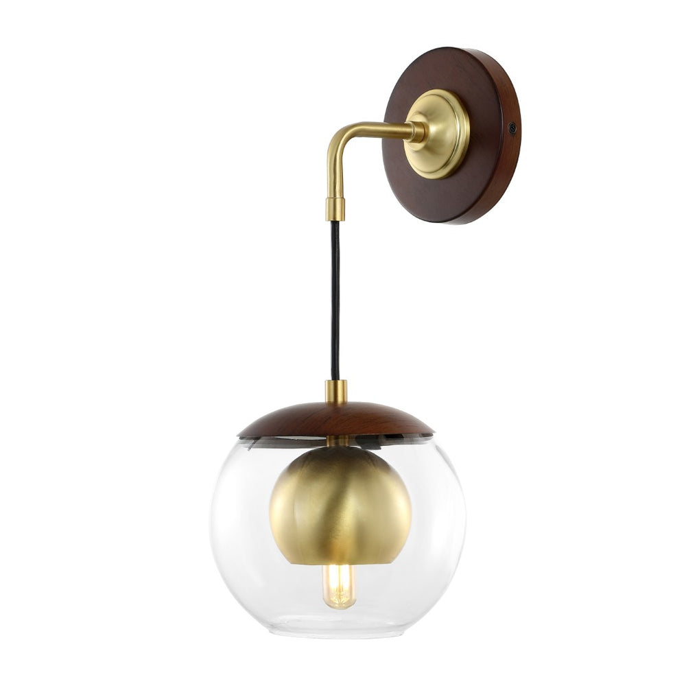 Safavieh POLOMA, Elegant 8-Inch Dark Walnut & Brass Wall Sconce Set of 2 - Timeless Iron & Glass Design SCN4100A-SET2