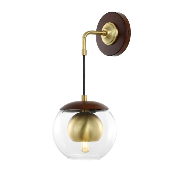 Safavieh POLOMA, Elegant 8-Inch Dark Walnut & Brass Wall Sconce Set of 2 - Timeless Iron & Glass Design SCN4100A-SET2