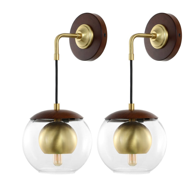 Safavieh POLOMA, Elegant 8-Inch Dark Walnut & Brass Wall Sconce Set of 2 - Timeless Iron & Glass Design SCN4100A-SET2