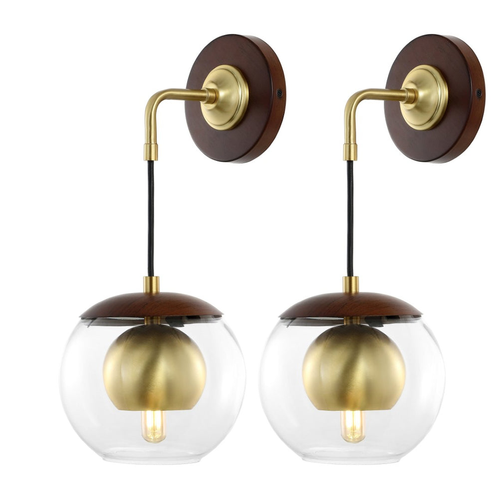 Safavieh POLOMA, Elegant 8-Inch Dark Walnut & Brass Wall Sconce Set of 2 - Timeless Iron & Glass Design SCN4100A-SET2