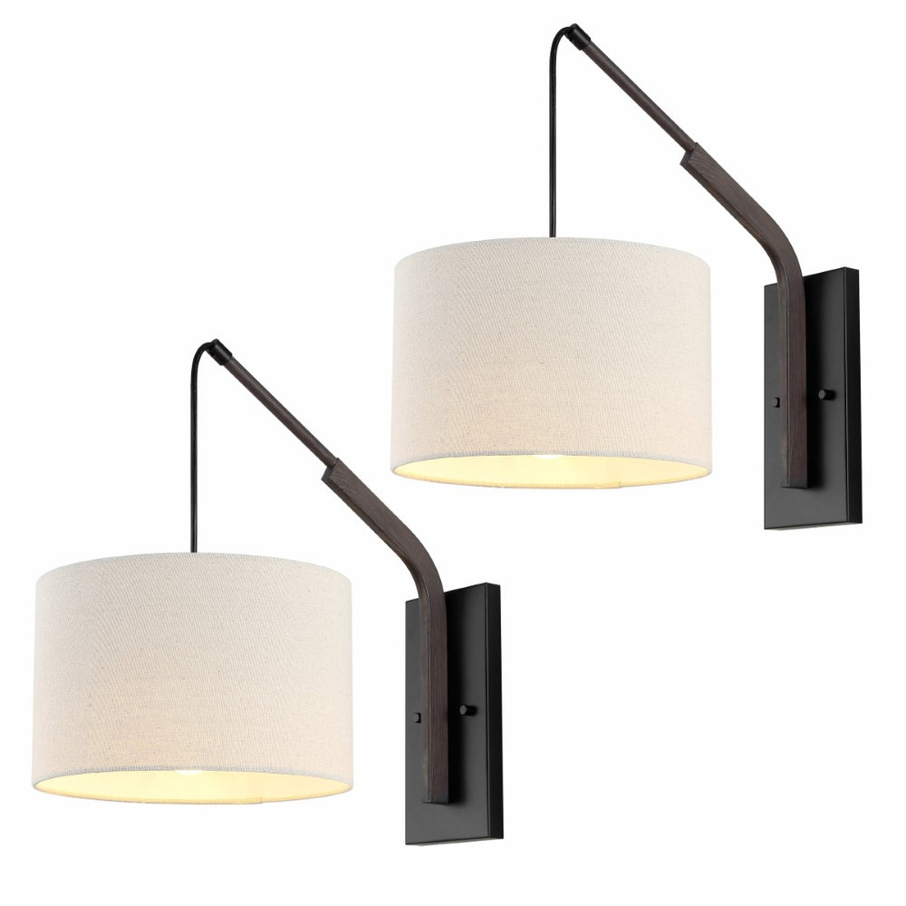 Safavieh NOLDITA, Set of 2, 19-Inch Black/Walnut Iron Wall Sconces with Soft Fabric Shades for Elegant Lighting SCN4102A-SET2