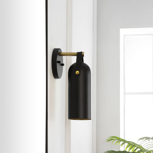 Safavieh WESTLY, Elegant Wall Sconce Set of 2 - Modern Iron and Faux Leather Lighting for Home Décor Black / Gold SCN4103B-SET2
