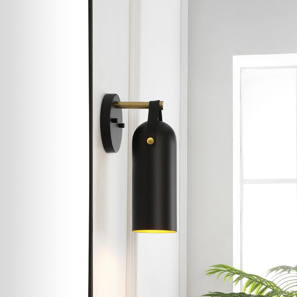 Safavieh WESTLY, Elegant Wall Sconce Set of 2 - Modern Iron and Faux Leather Lighting for Home Décor Black / Gold SCN4103B-SET2