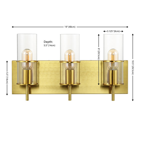Safavieh Jester, 3 Light, 19 Inch, Brass, Iron/Glass Wall Sconce X23 Brass Gold / Clear 5.5" x 19" x 10.5"