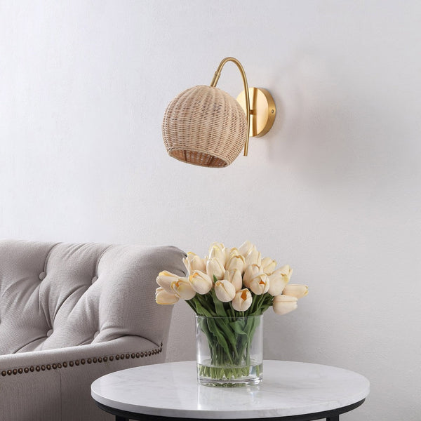 Safavieh NAHUM, Set of 2 Elegant Rattan and Brass Wall Sconces for Soft Ambient Lighting in Any Space SCN4105A-SET2