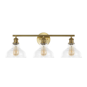 Safavieh CALYNA, 3-Light Wall Sconce for Modern Interiors, Industrial Design with Clear Glass Shades, 27.25" Wide Brass SCN4130A