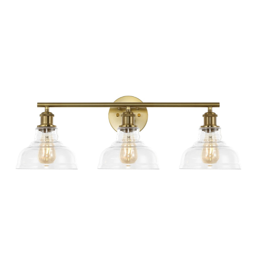 Safavieh CALYNA, 3-Light Wall Sconce for Modern Interiors, Industrial Design with Clear Glass Shades, 27.25" Wide Brass SCN4130A