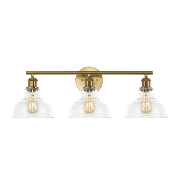 Safavieh CALYNA, 3-Light Wall Sconce for Modern Interiors, Industrial Design with Clear Glass Shades, 27.25" Wide Brass SCN4130A