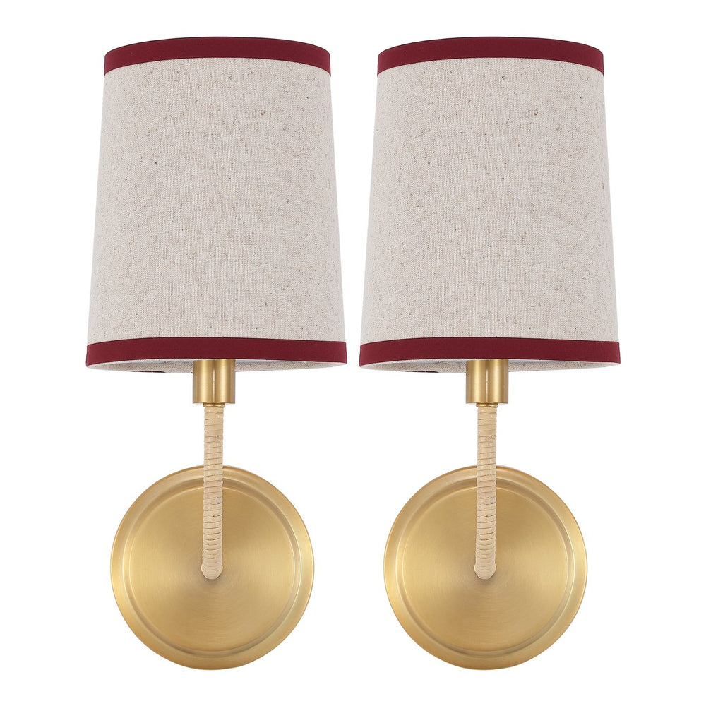 Safavieh Carter, Set Of 2 Brass Wall Sconces 6X7.25X14.5-Inches, Red Fabric Shades For Hallway & Bedroom SCN4151A-SET2