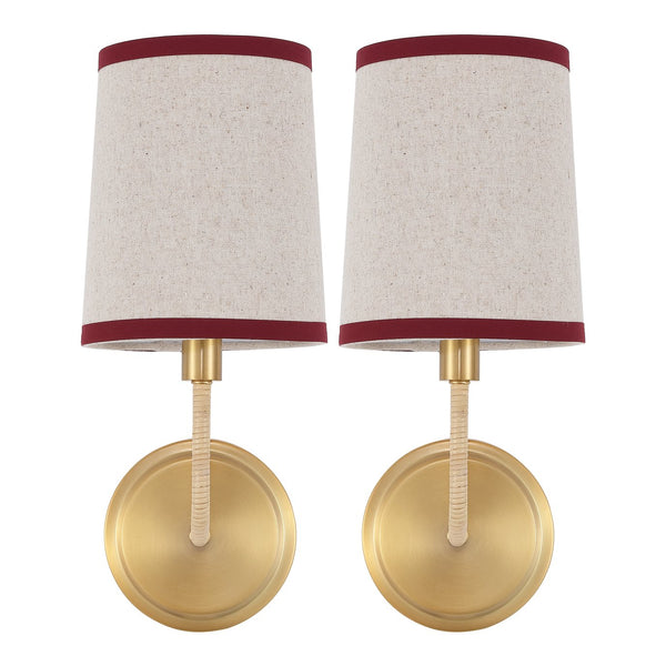Safavieh Carter, Set Of 2 Brass Wall Sconces 6X7.25X14.5-Inches, Red Fabric Shades For Hallway & Bedroom SCN4151A-SET2