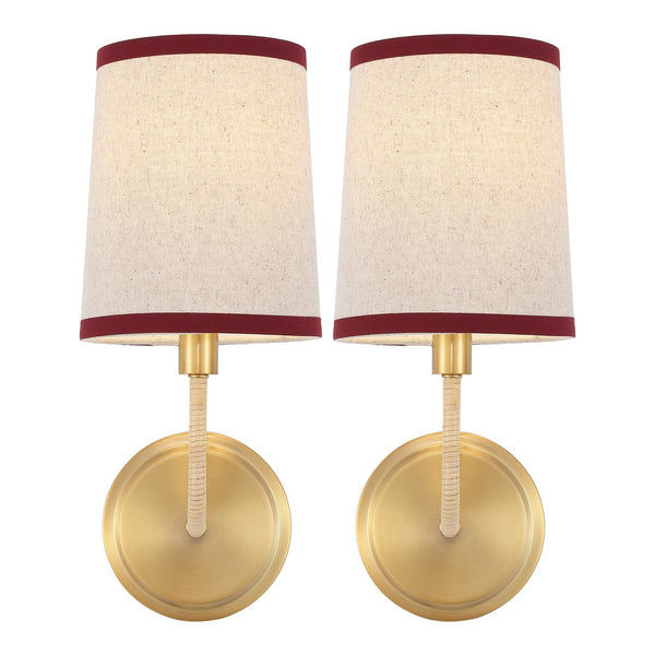 Safavieh Carter, Set Of 2 Brass Wall Sconces 6X7.25X14.5-Inches, Red Fabric Shades For Hallway & Bedroom SCN4151A-SET2