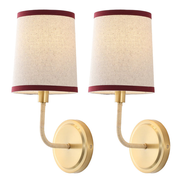 Safavieh Carter, Set Of 2 Brass Wall Sconces 6X7.25X14.5-Inches, Red Fabric Shades For Hallway & Bedroom SCN4151A-SET2