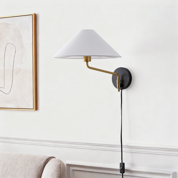 Safavieh Marni, 17.5" Brass & Black Wall Sconce With Fabric Shade — Modern Ambient Light For Hallways SCN4152A