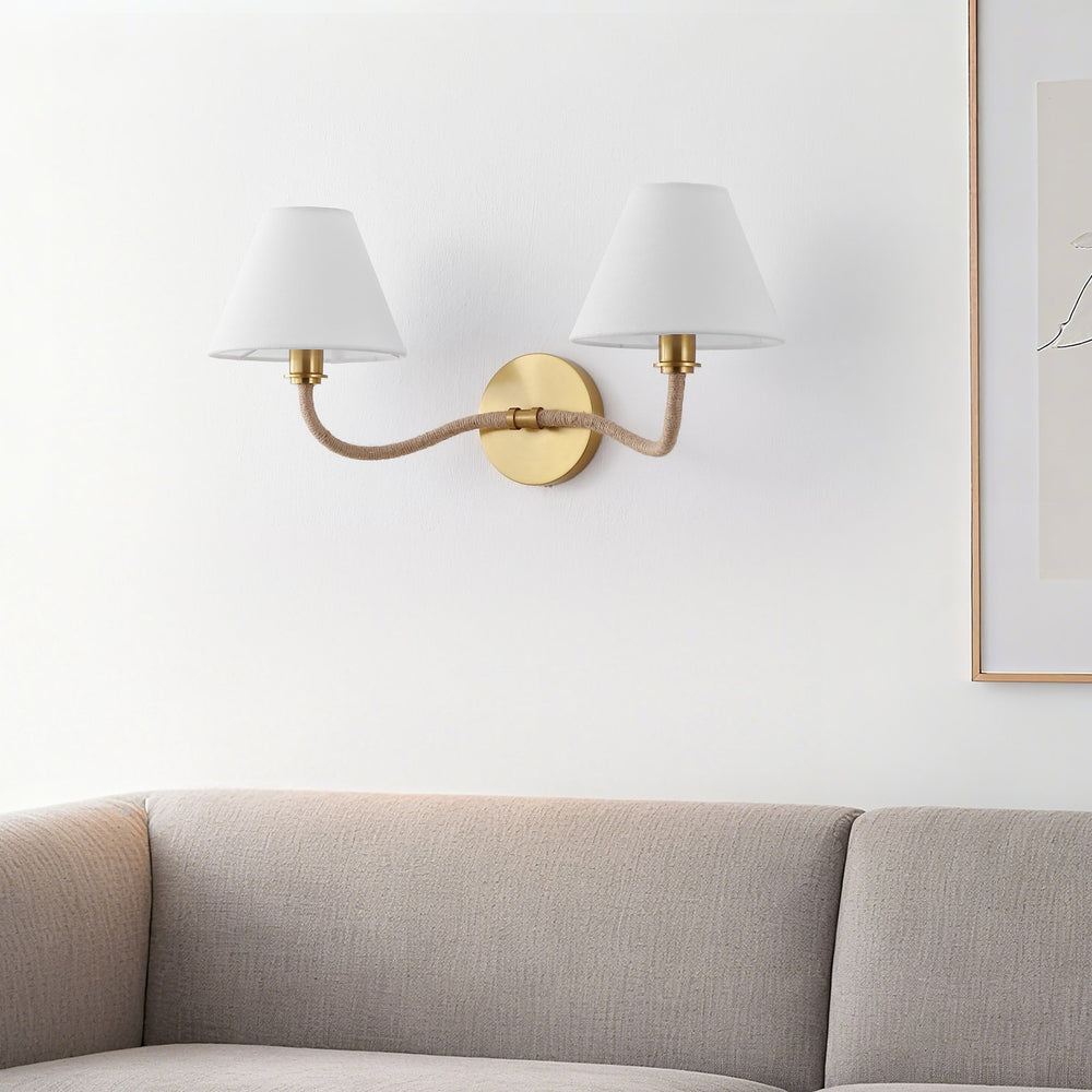 Safavieh Mara, Two-Light Brushed Brass Wall Sconce With White Fabric Shade — 21.75" Ambient Lighting Fixture SCN4157A