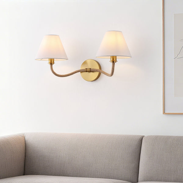 Safavieh Mara, Two-Light Brushed Brass Wall Sconce With White Fabric Shade — 21.75" Ambient Lighting Fixture SCN4157A