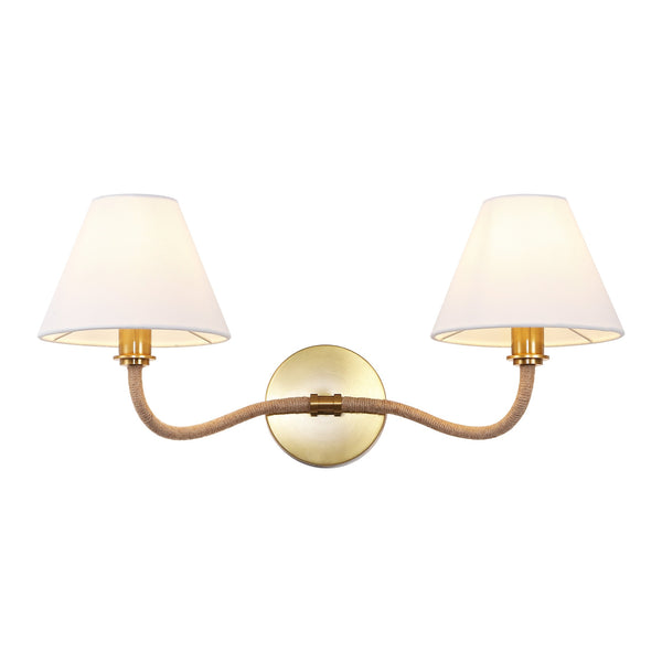 Safavieh Mara, Two-Light Brushed Brass Wall Sconce With White Fabric Shade — 21.75" Ambient Lighting Fixture SCN4157A
