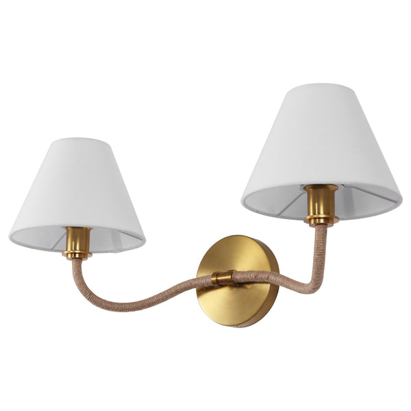 Safavieh Mara, Two-Light Brushed Brass Wall Sconce With White Fabric Shade — 21.75" Ambient Lighting Fixture SCN4157A