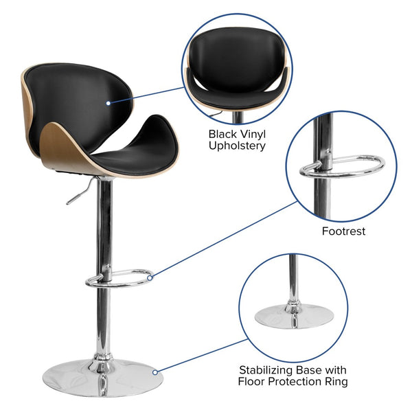 English Elm Farley Adjustable Height Bentwood Barstool with Curved Back, Black Vinyl Seat & 360° Swivel Design SD-2203-BEECH-GG