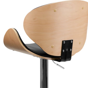 English Elm Farley Adjustable Height Bentwood Barstool with Curved Back, Black Vinyl Seat & 360° Swivel Design SD-2203-BEECH-GG