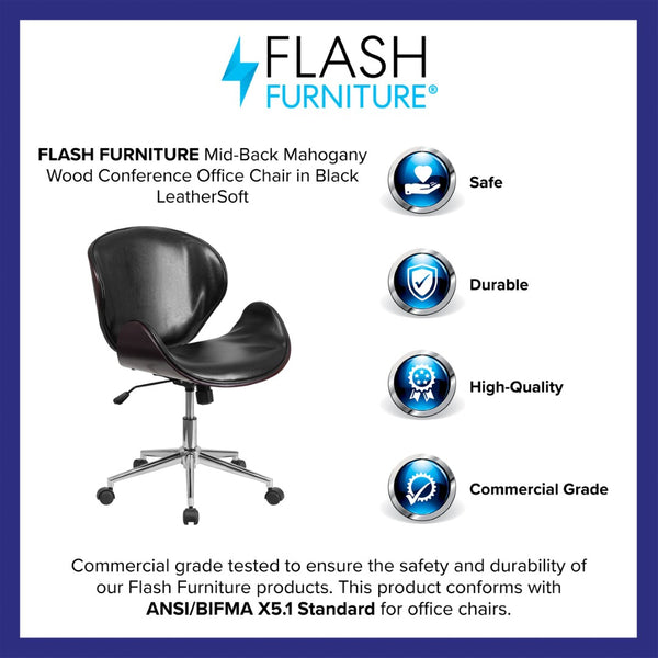 English Elm Tana Mid-Back Conference Chair with Walnut Frame, Ergonomic Design for Comfort & Professional Style Black LeatherSoft/Mahogany Frame SD-SDM-2240-5-MAH-BK-GG