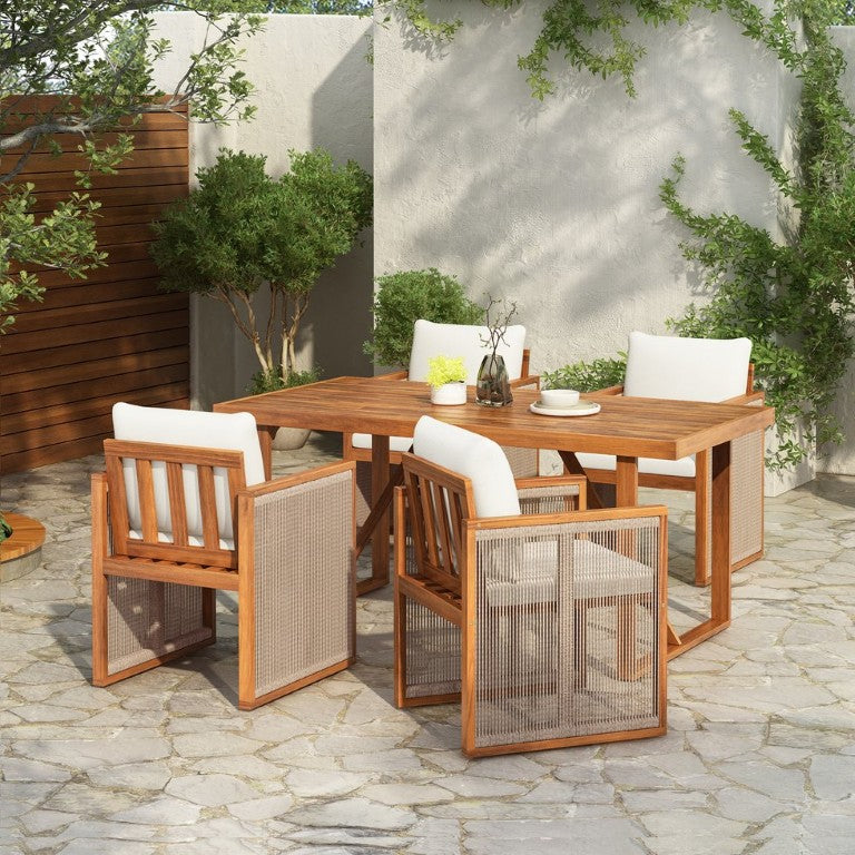 English Elm 5 Piece Acacia Wood Outdoor Dining Set with Woven Rope Chairs and Cushions for Patio Cream, Teak + Beige SD100006AAA