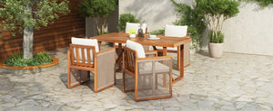 English Elm 5 Piece Acacia Wood Outdoor Dining Set with Woven Rope Chairs and Cushions for Patio Cream, Teak + Beige SD100006AAA